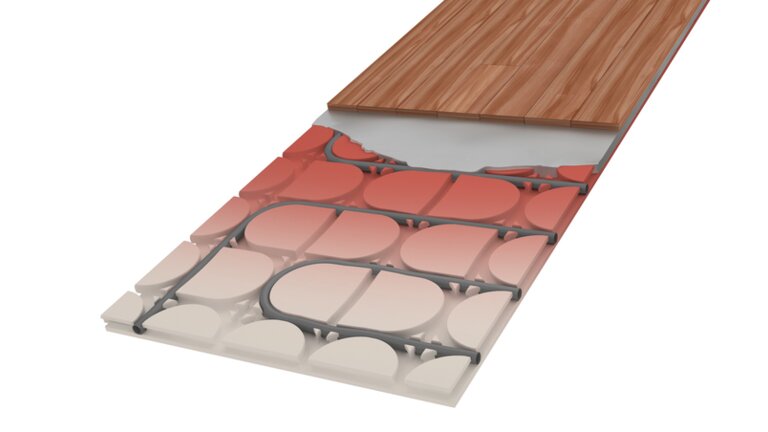 Schematischer Aufbau einer Fußbodenheizung im Trockenestrich mit integrierten Heizrohren und Holzfertigboden.